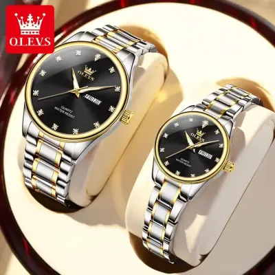 OLEVS 3612 Luxury Business Quartz Couple Watch Original Dual Calendar Hand Clock Stainless Steel Waterproof Watch For Men Women - 3612C_Black & Silver & Golden
